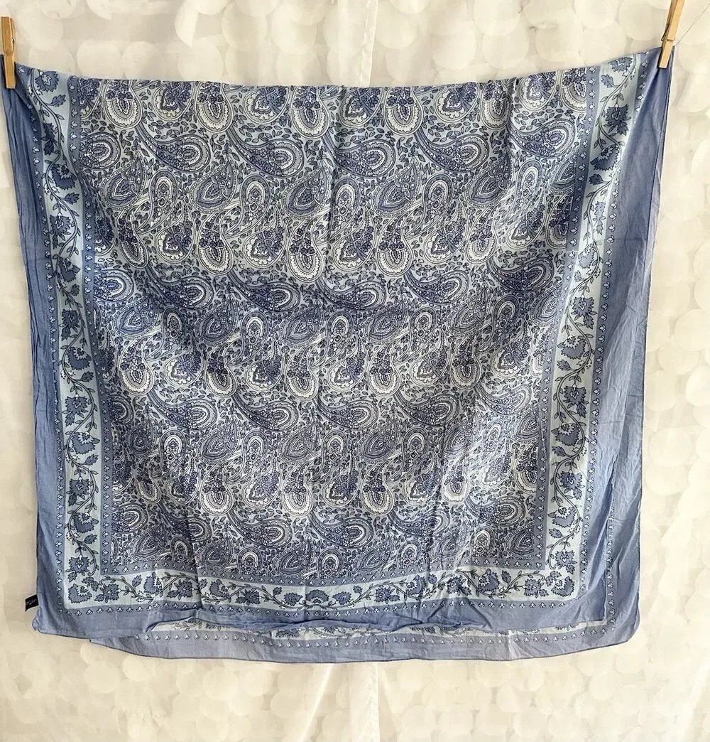ANNE TAYLOR Scarf Sarong Pashima Blue White Paisley Floral Oversized 100% Cotton